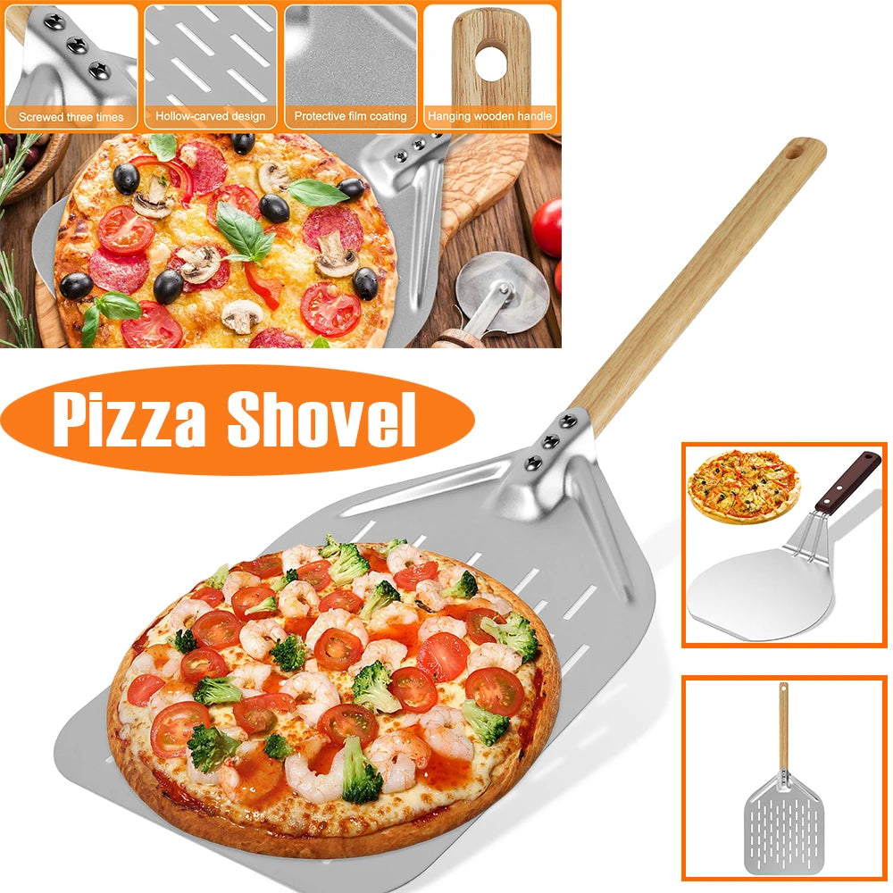 Pala per pizza leggera in lega di alluminio da 12" Pala per pizza traforata antiaderente con manico legnoso per pane per pizza