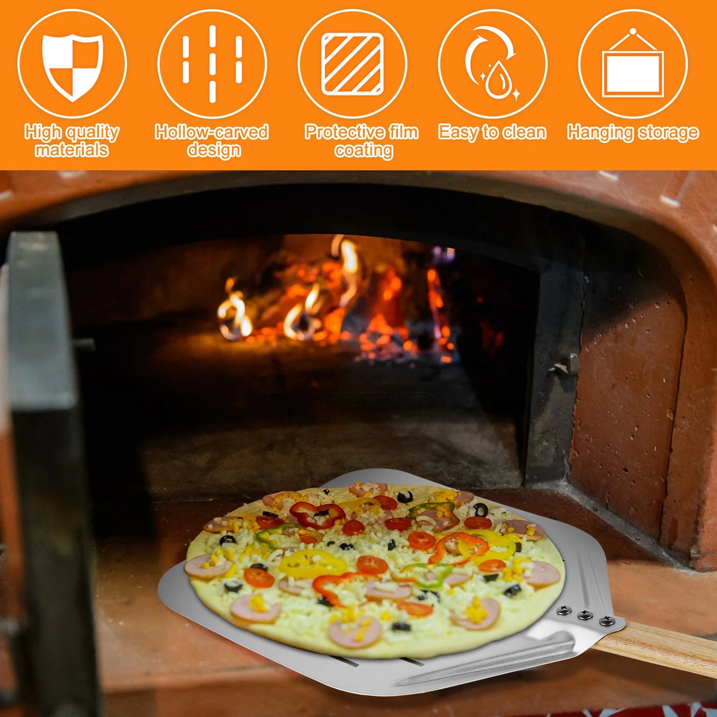 Pala per pizza leggera in lega di alluminio da 12" Pala per pizza traforata antiaderente con manico legnoso per pane per pizza